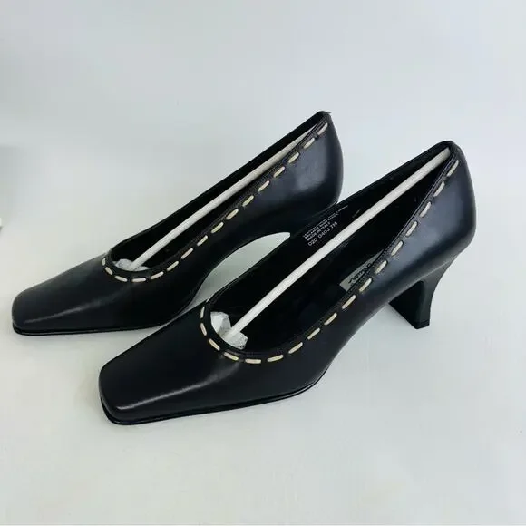 Eddie Bauer Pumps Heels‎ Dark Brown Leather Squared Toe Slip On Shoes Size 7M - Picture 3 of 12